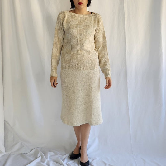 80s Cream Silk Blend Skirt and Sweater Set