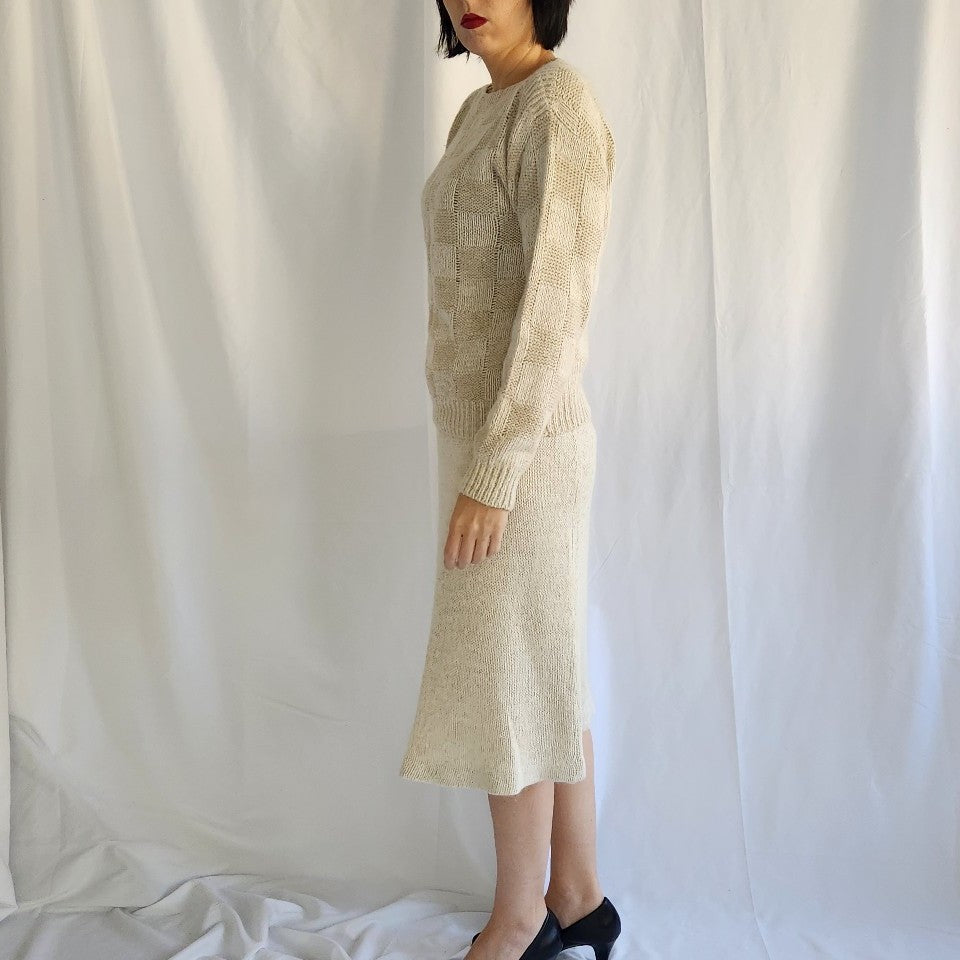 80s Cream Silk Blend Skirt and Sweater Set