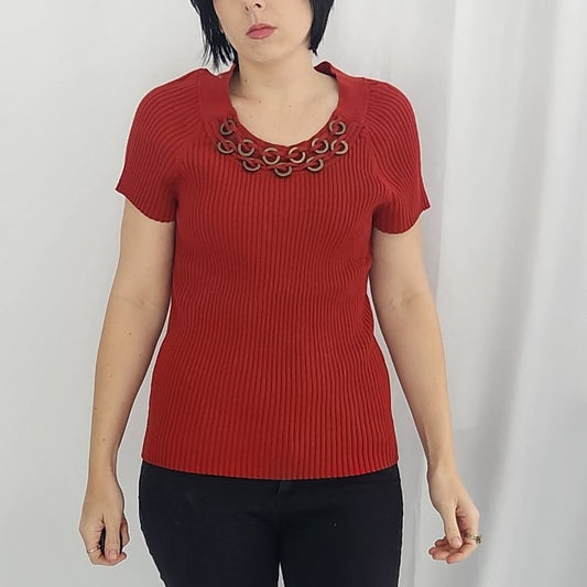 Y2K Rusty Red Ribbed Top