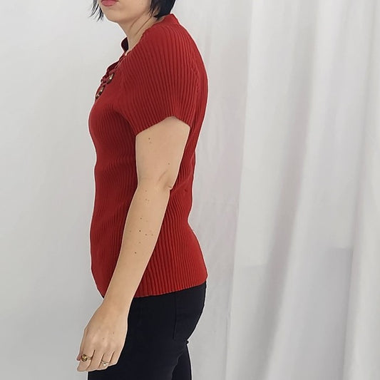 Y2K Rusty Red Ribbed Top