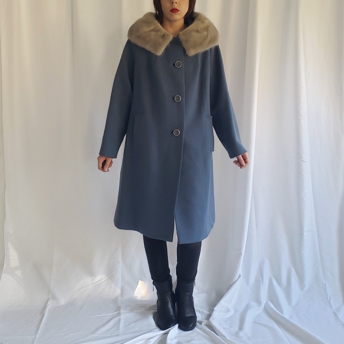 60s Blue Swing Coat with Mink Collar