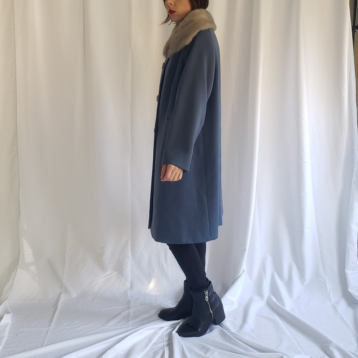 60s Blue Swing Coat with Mink Collar