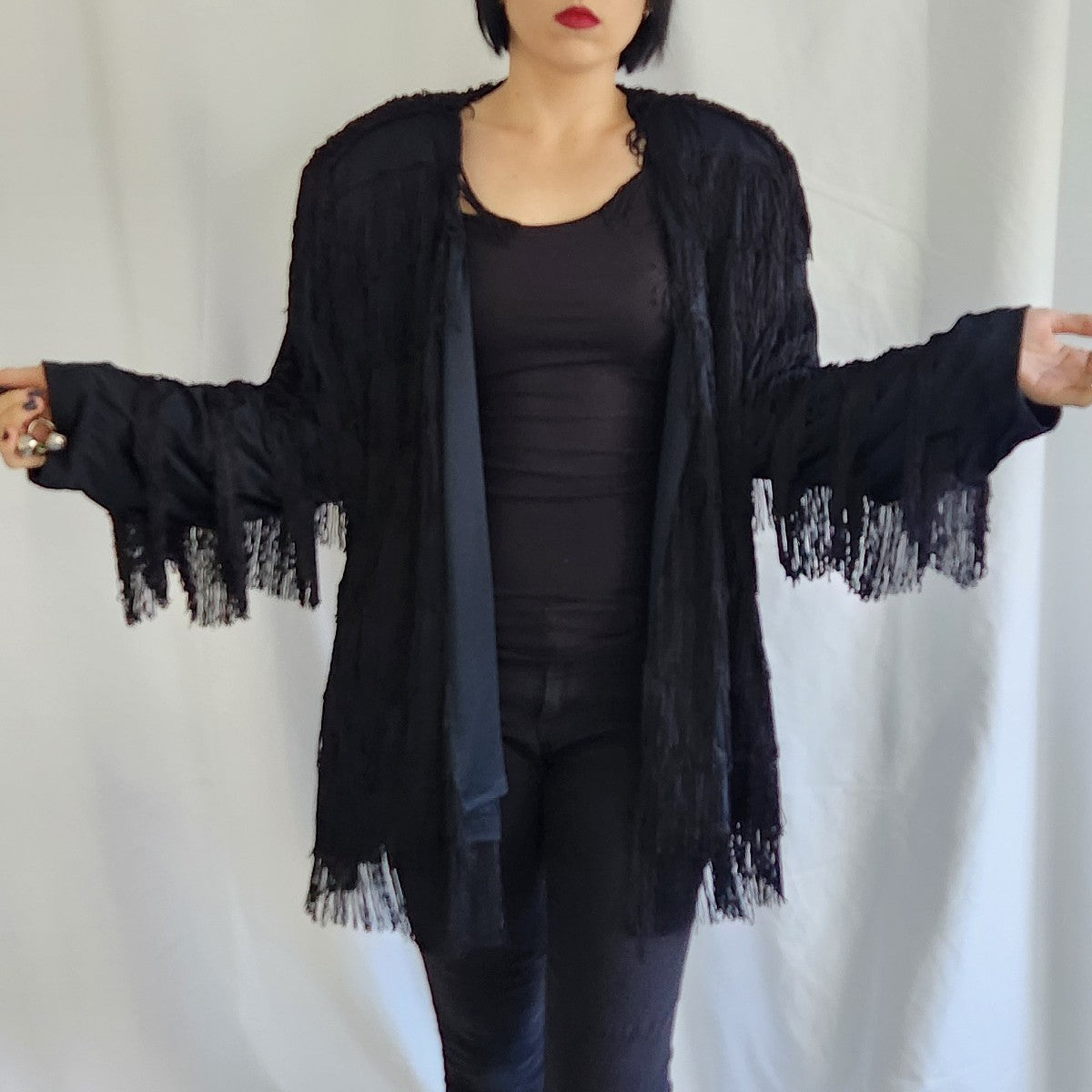 80s Black Fringe Covered Jacket