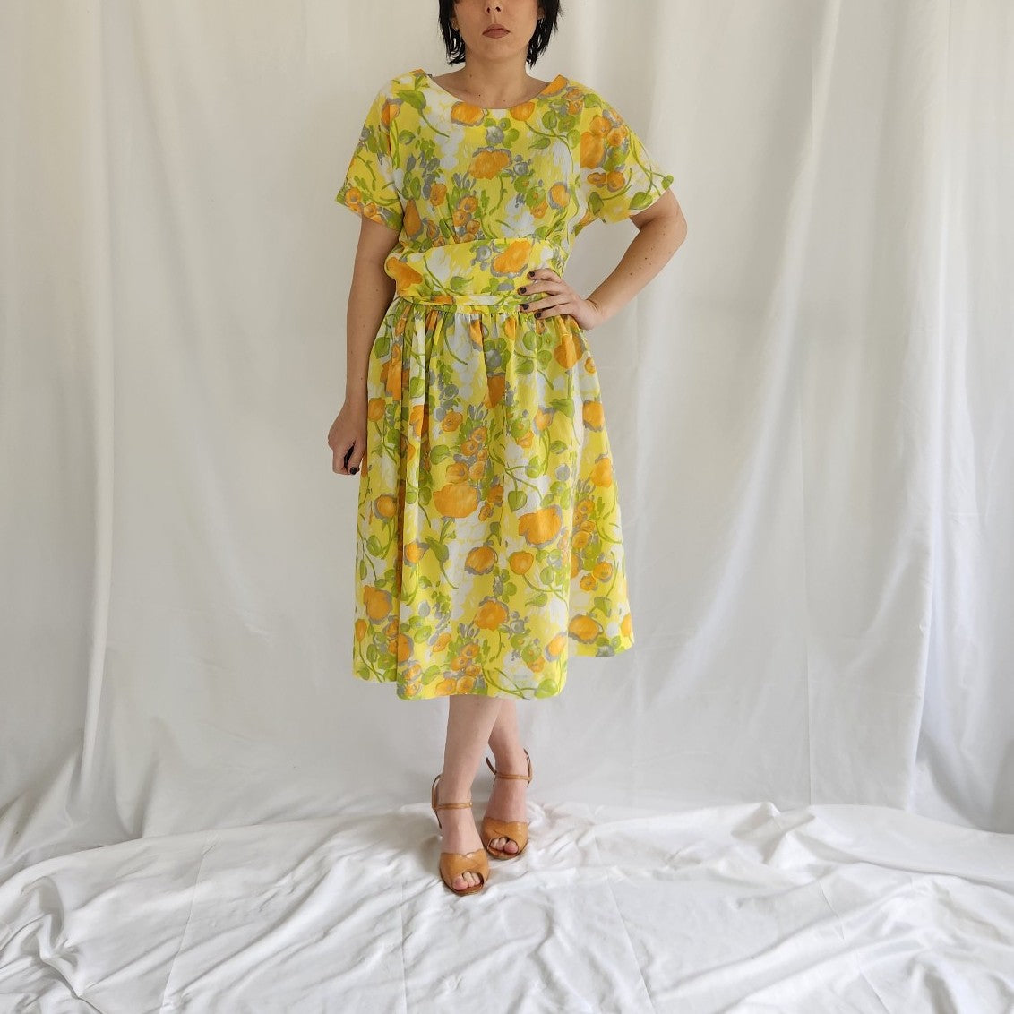 60s/70s Home Made Yellow and Green Floral Day Dress