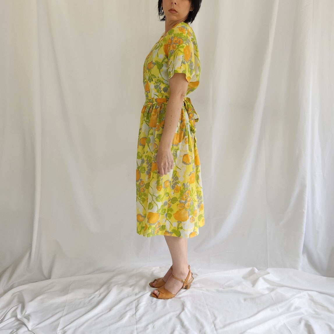 60s/70s Home Made Yellow and Green Floral Day Dress