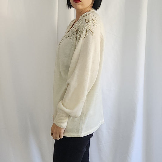 80s Cream Beaded Cardigan