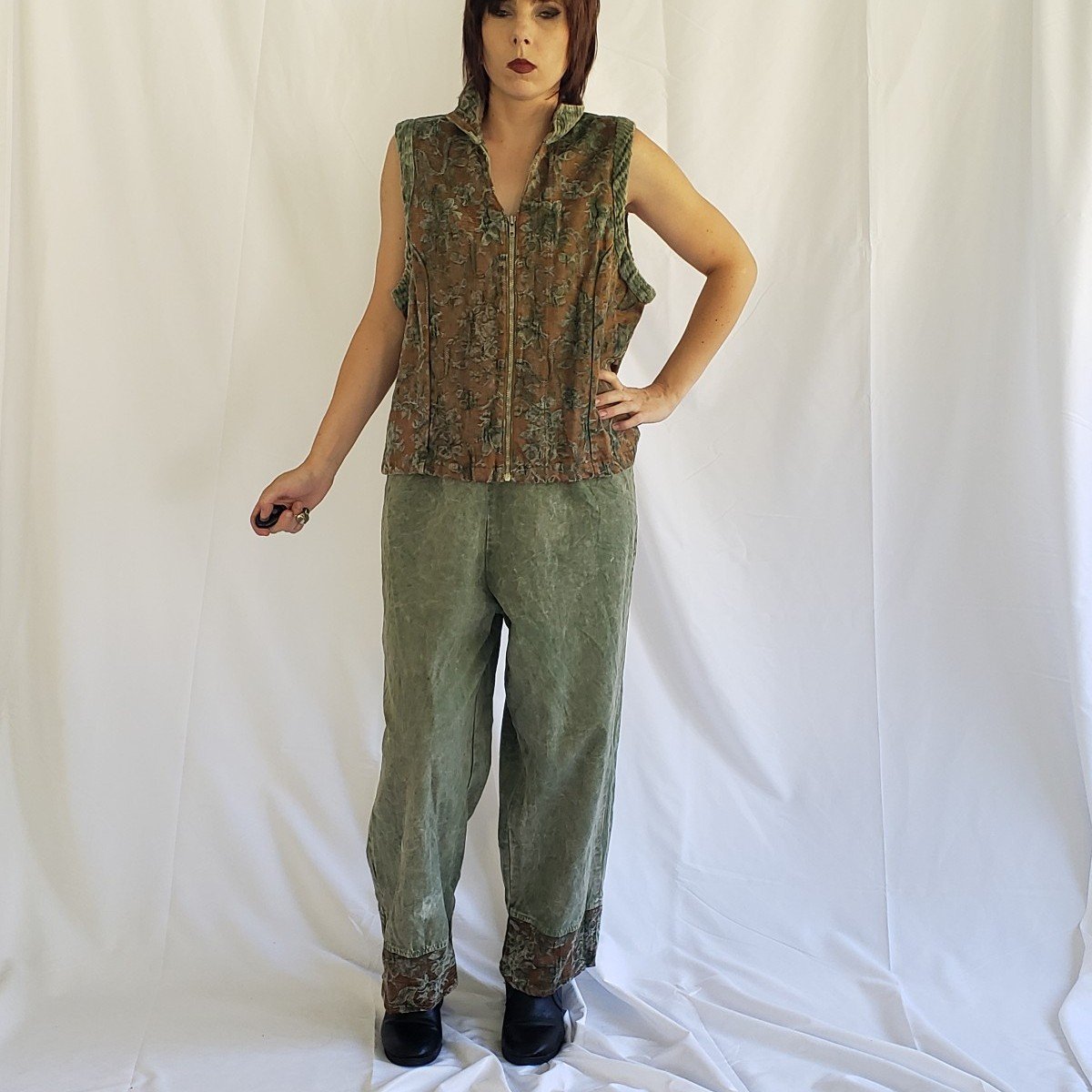 90s Green and Brown Whimsigoth Pants and Vest Set