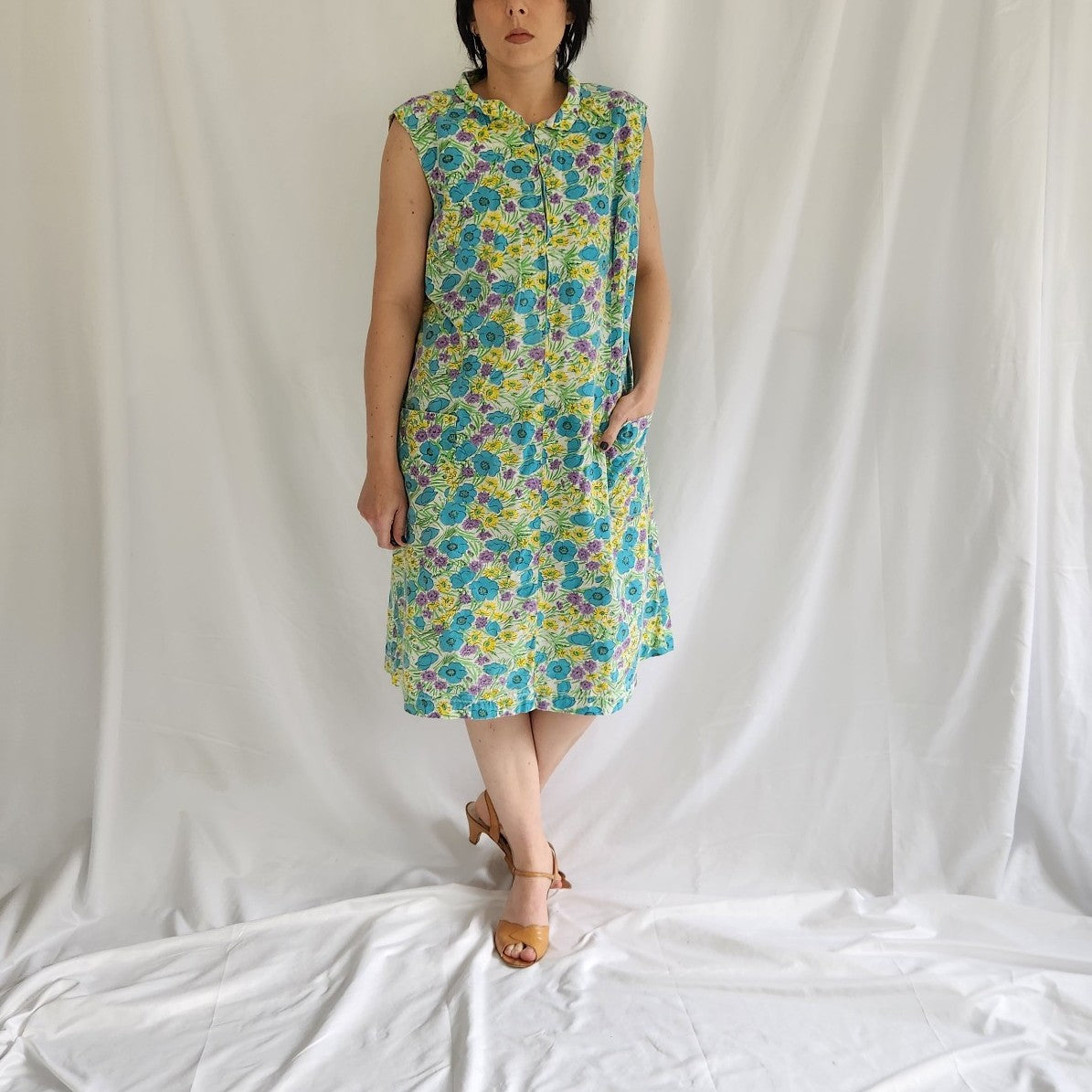 60s/70s Home Made Blue, Yellow, and Purple Floral Sleeveless Dress
