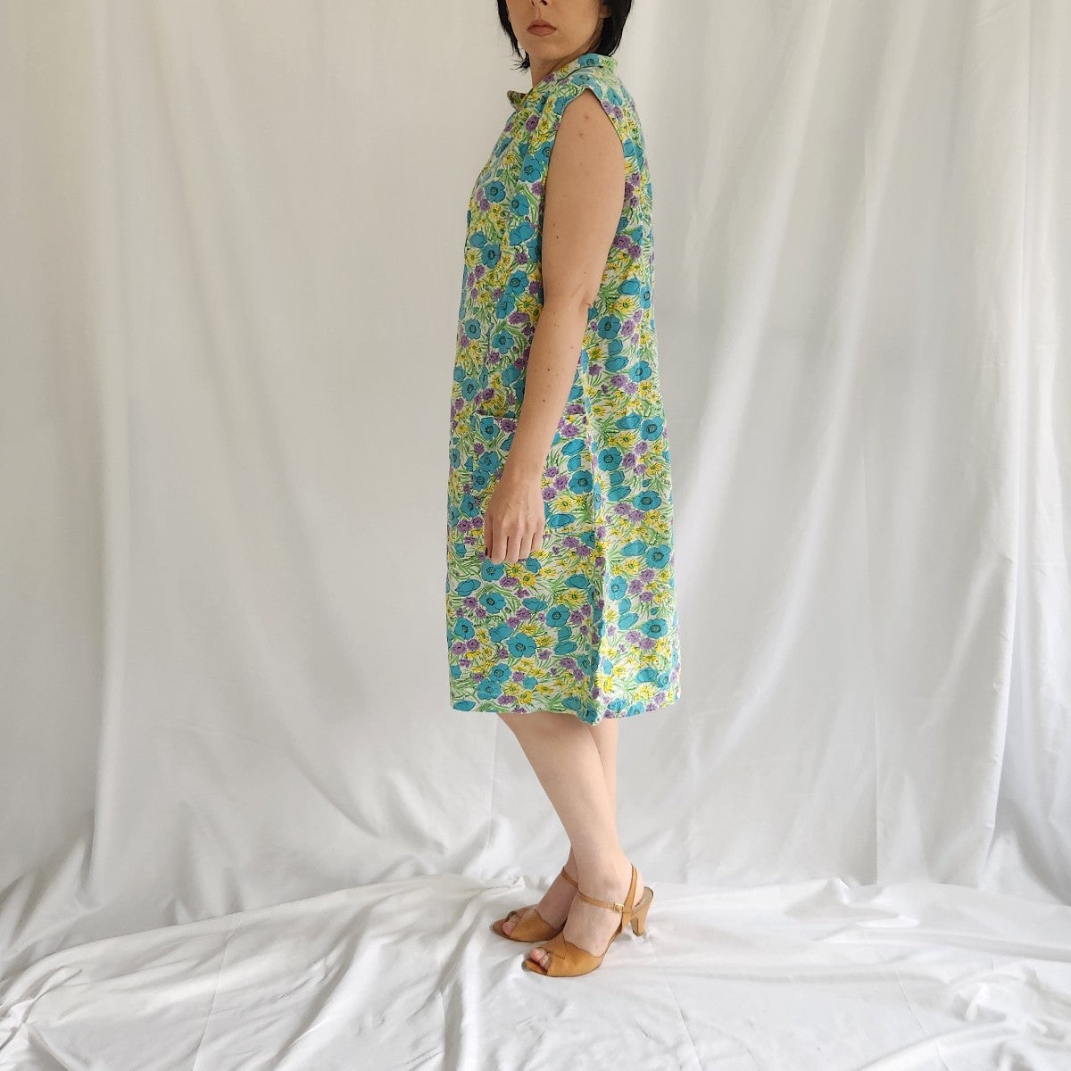 60s/70s Home Made Blue, Yellow, and Purple Floral Sleeveless Dress