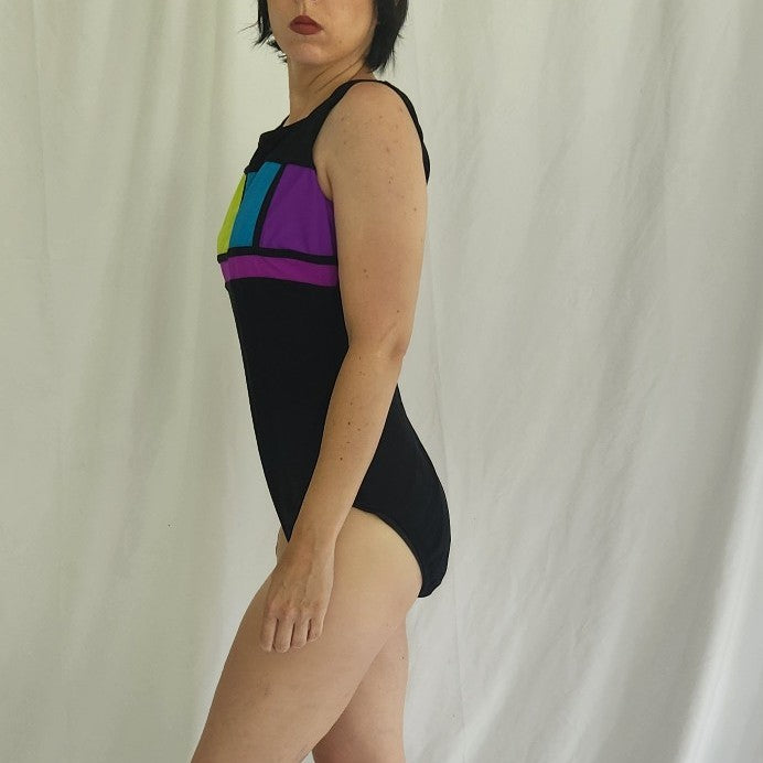 90s Black, Purple, Green, and Blue One Piece Swimsuit