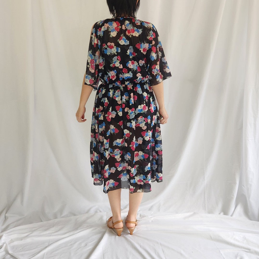 70s/80s Sheer Black, Pink, and Blue Floral Dress