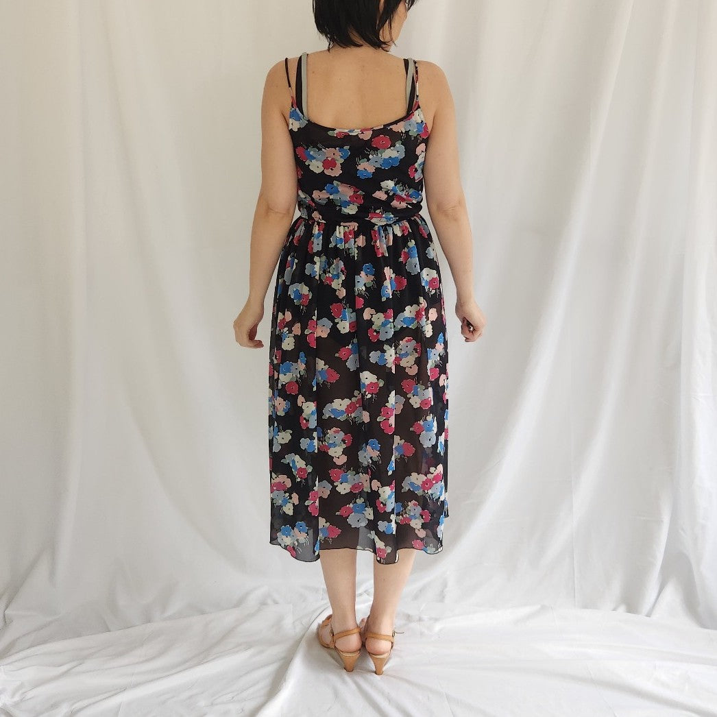 70s/80s Sheer Black, Pink, and Blue Floral Dress