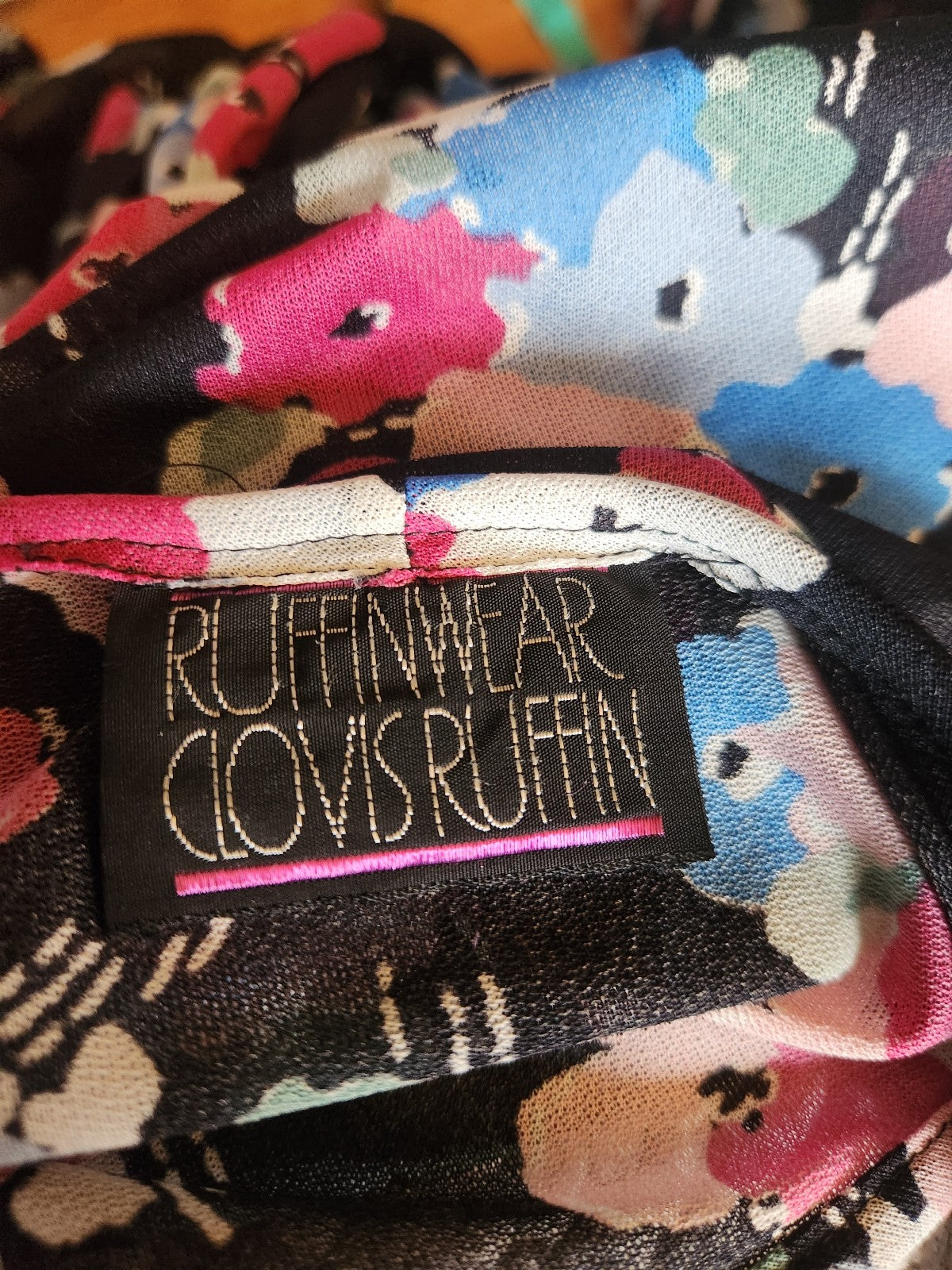 70s/80s Sheer Black, Pink, and Blue Floral Dress