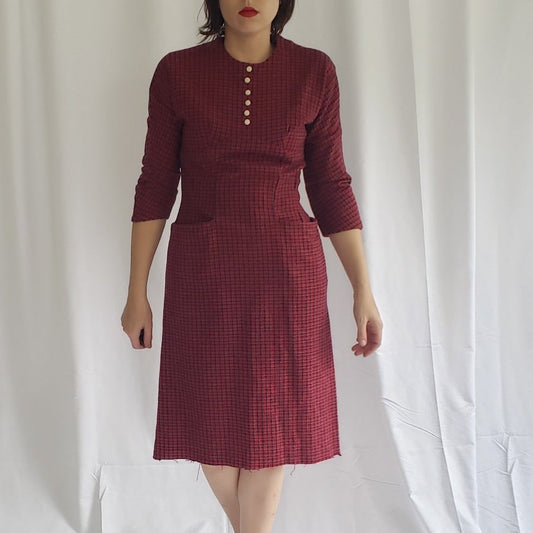 60s Hand Made Red Plaid Wool Dress