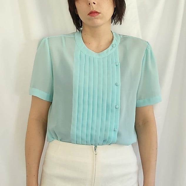 80s Sheer Blue Pleated Blouse