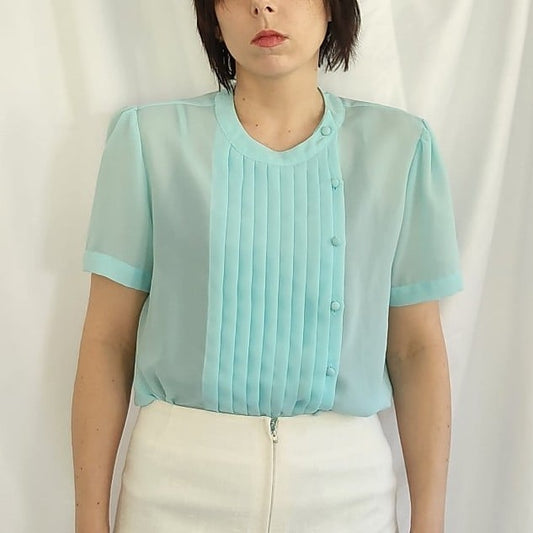 80s Sheer Blue Pleated Blouse