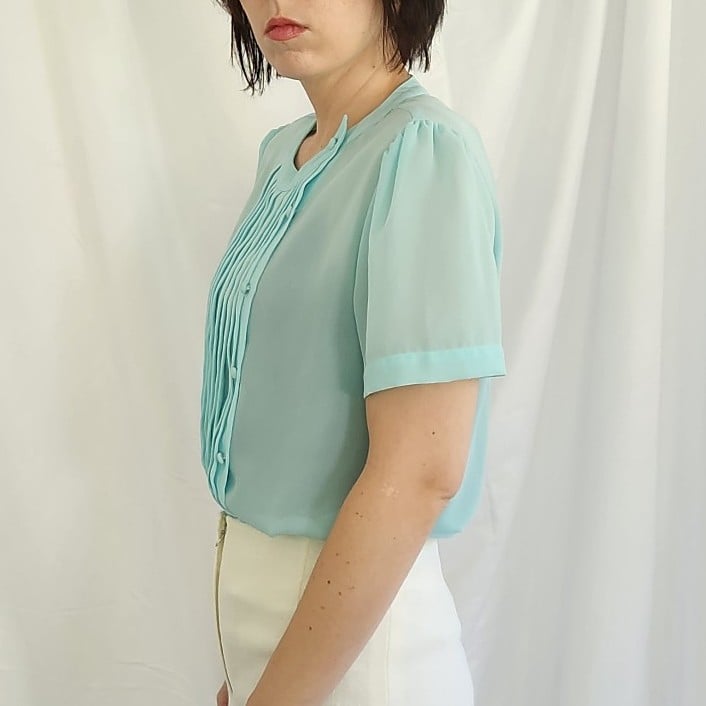 80s Sheer Blue Pleated Blouse