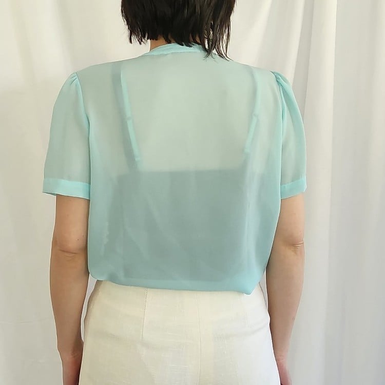 80s Sheer Blue Pleated Blouse