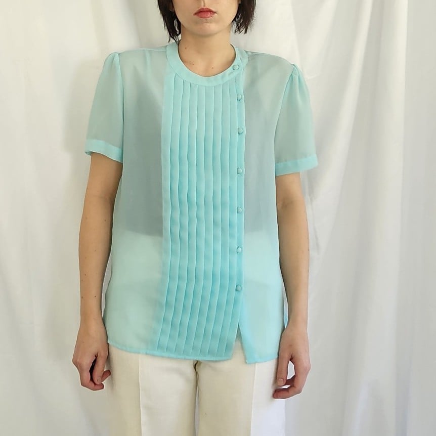 80s Sheer Blue Pleated Blouse