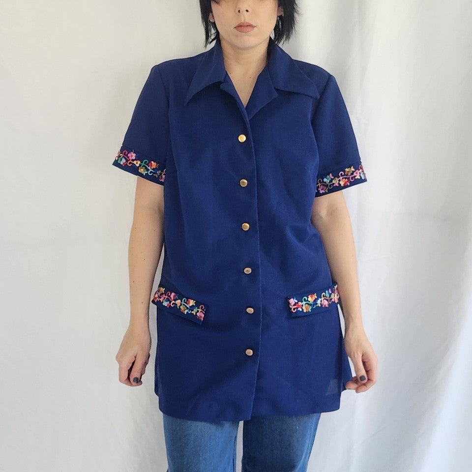 70s Blue Home Made Shirt with Floral Embroidery