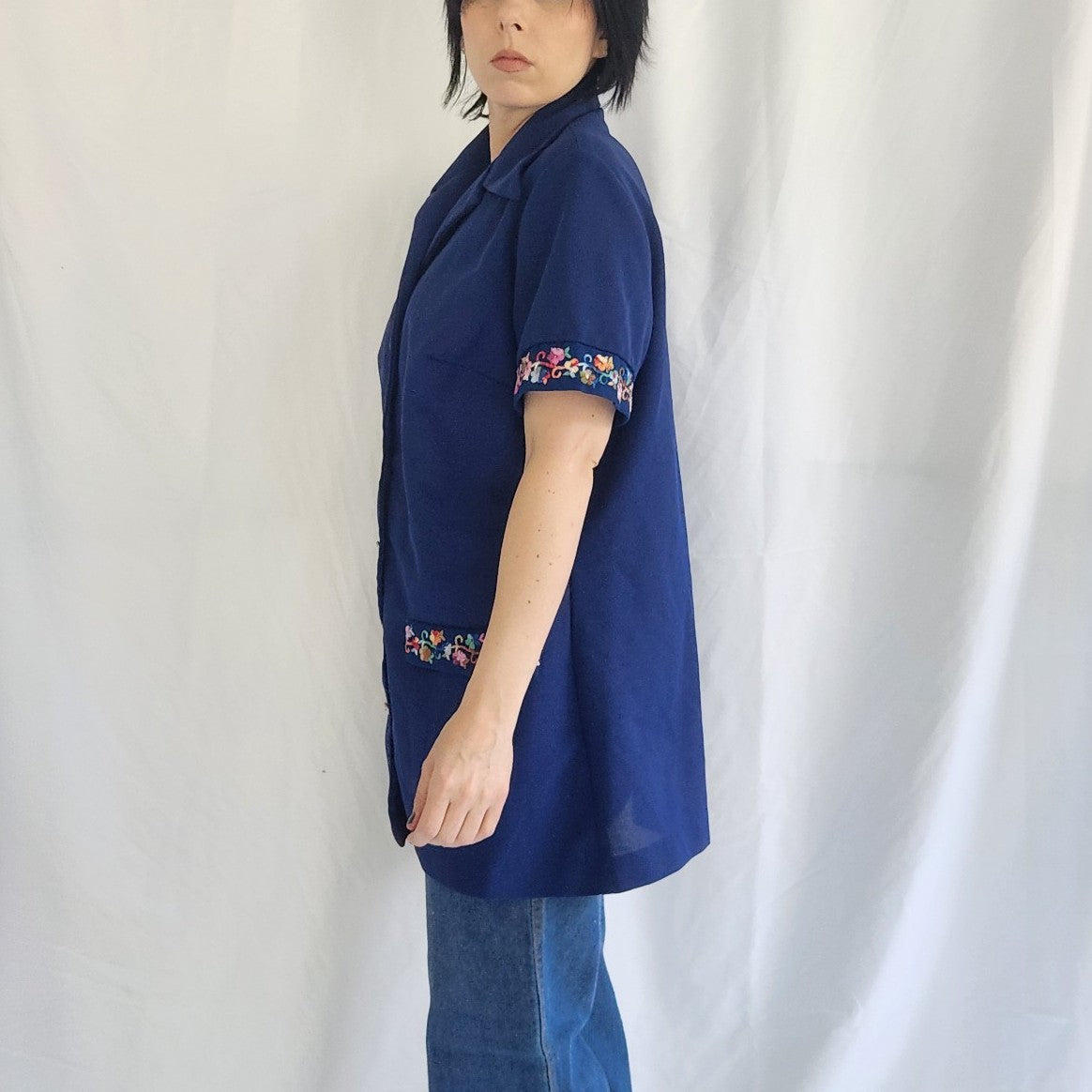 70s Blue Home Made Shirt with Floral Embroidery