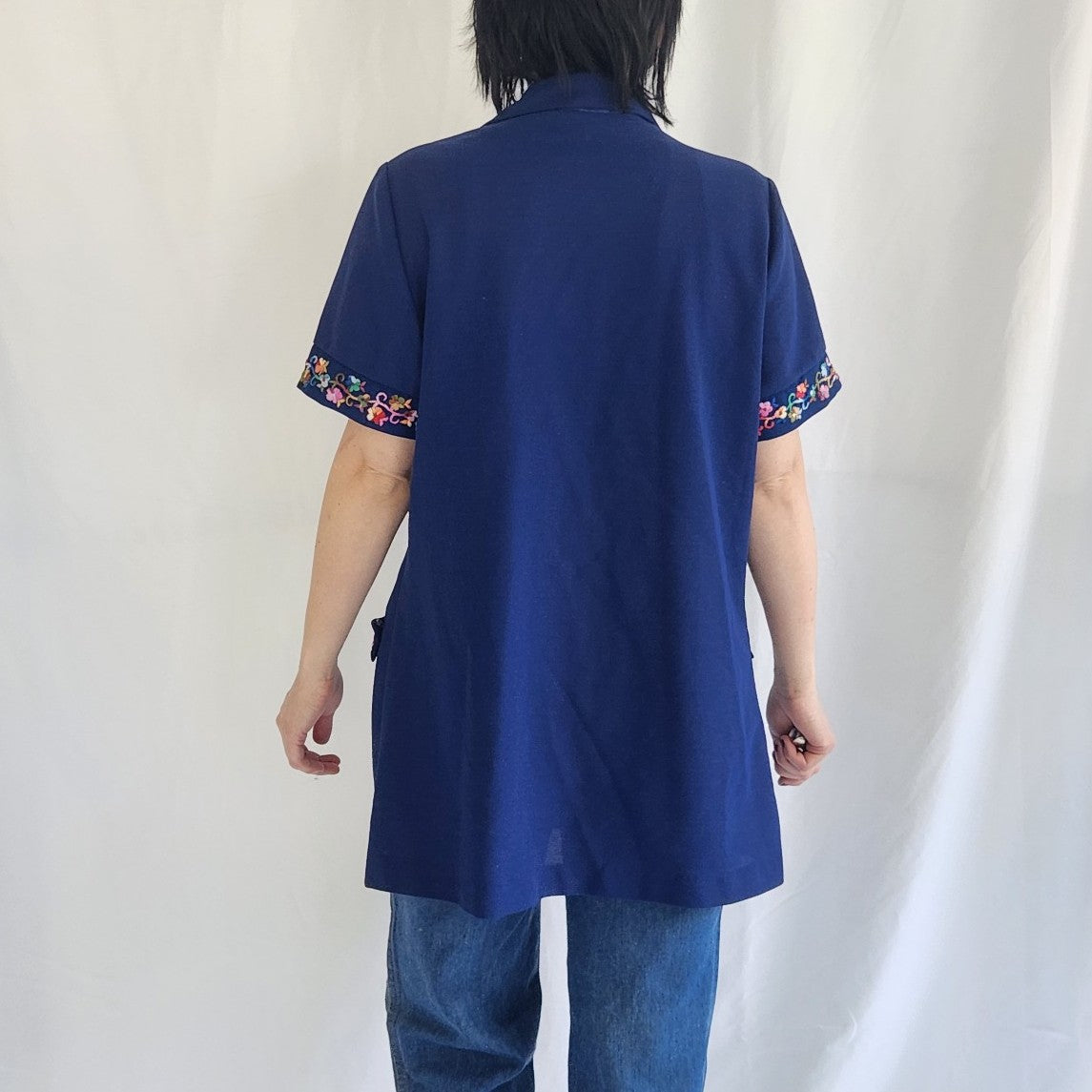 70s Blue Home Made Shirt with Floral Embroidery