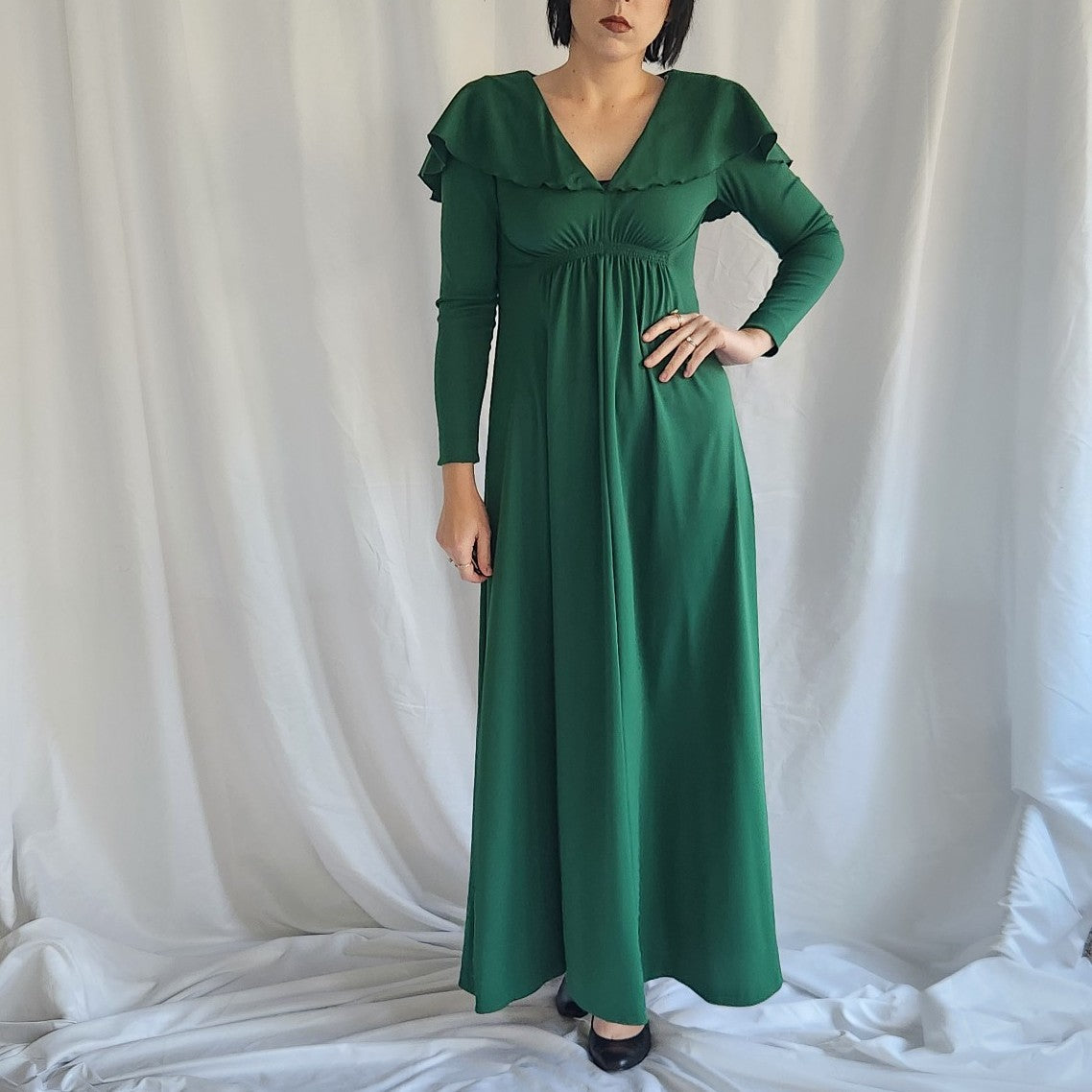 70s Green Long Sleeve Maxi Dress