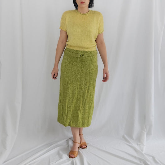 60s/70s Green and Yellow Hand Knit Dress and Cardigan Set