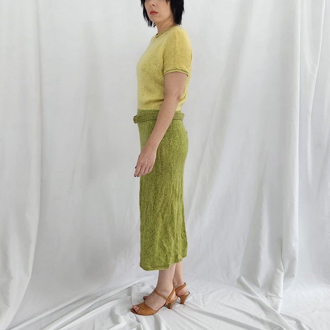 60s/70s Green and Yellow Hand Knit Dress and Cardigan Set