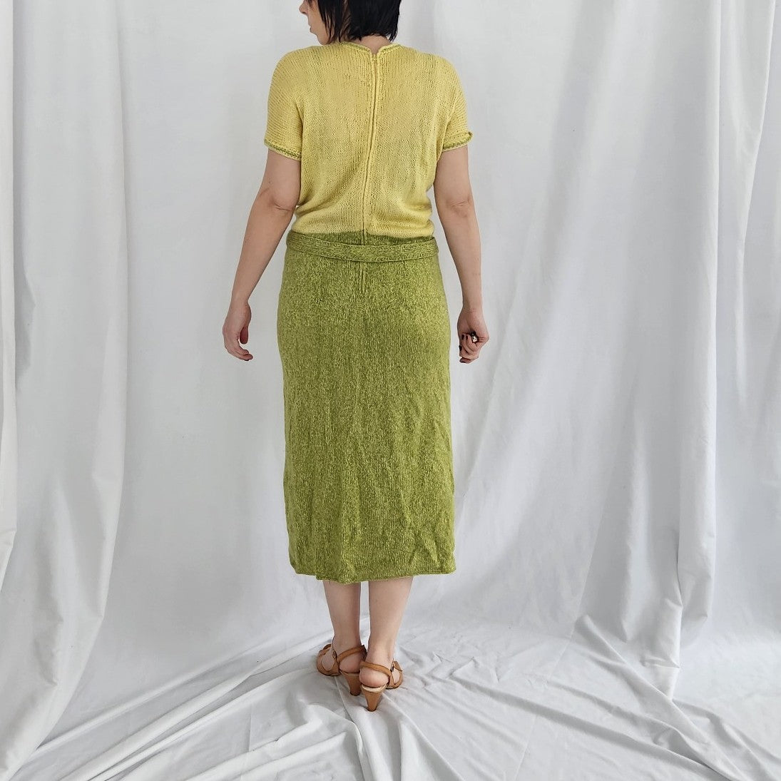 60s/70s Green and Yellow Hand Knit Dress and Cardigan Set