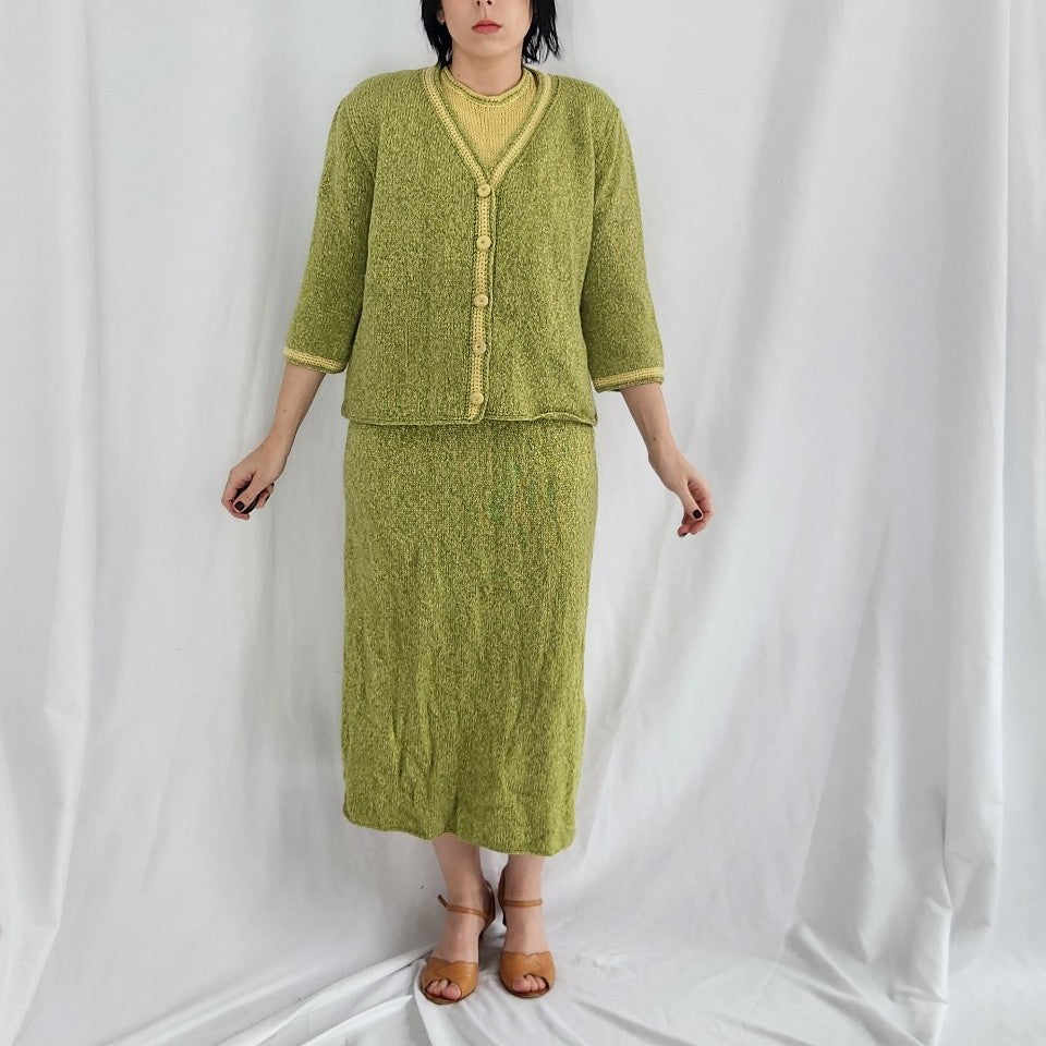 60s/70s Green and Yellow Hand Knit Dress and Cardigan Set