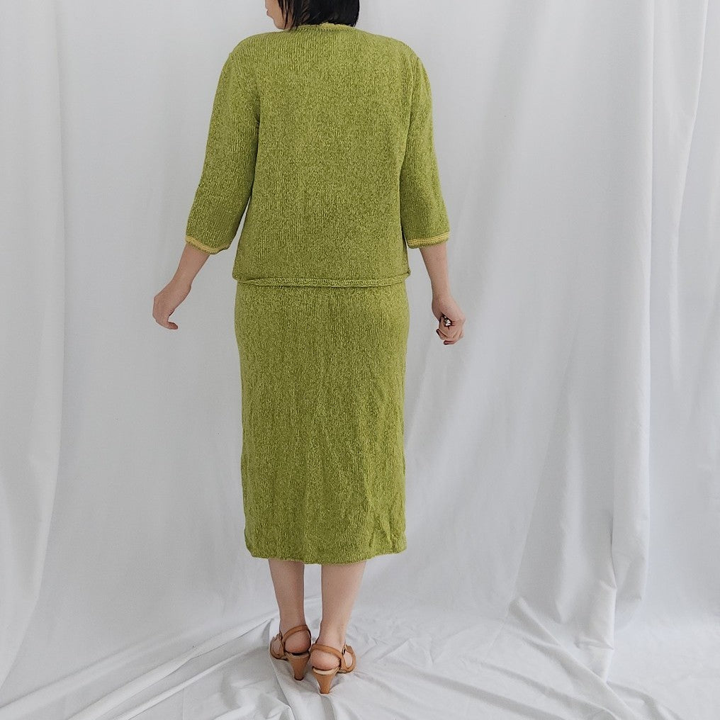 60s/70s Green and Yellow Hand Knit Dress and Cardigan Set