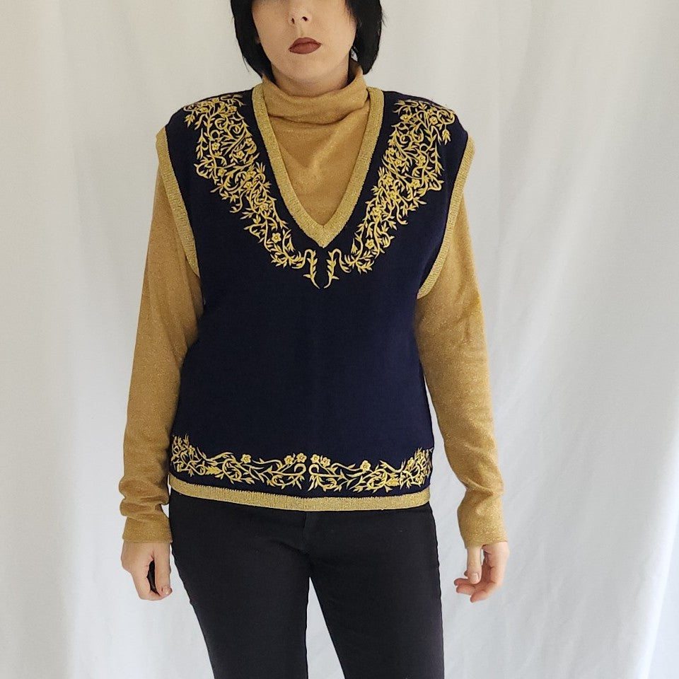 90s Navy and Gold Sweater Vest with Gold Turtleneck