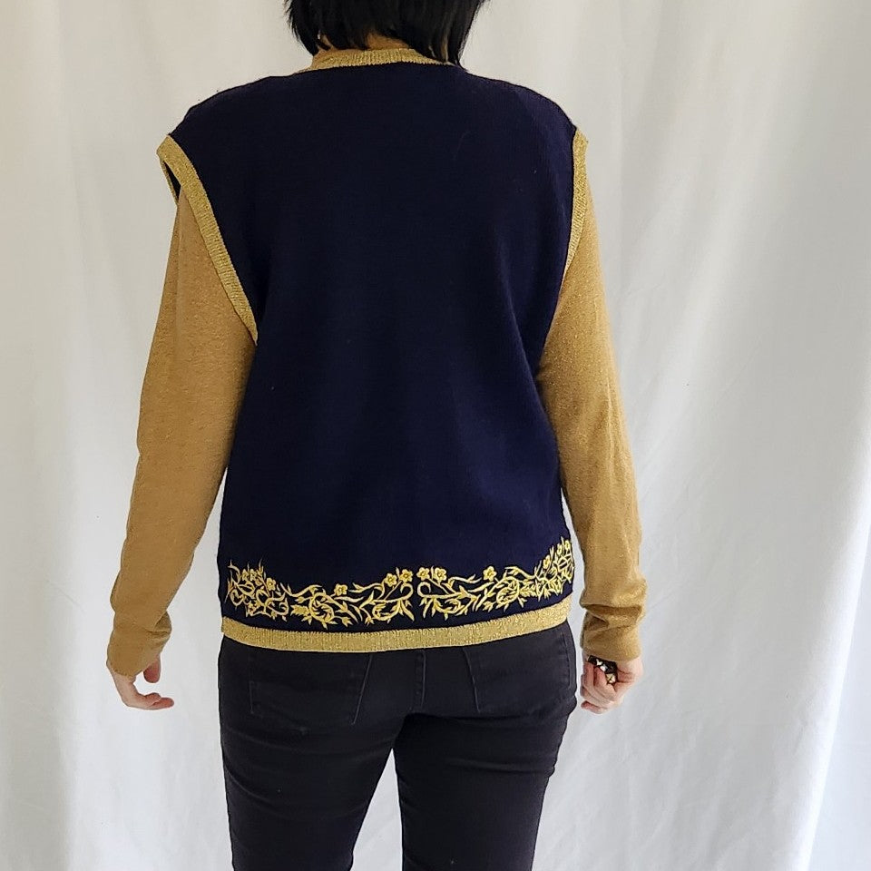 90s Navy and Gold Sweater Vest with Gold Turtleneck