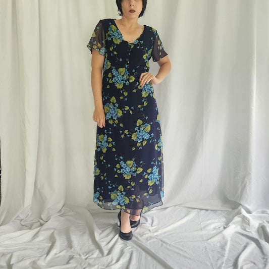 90s Blue and Green Floral Cottagecore Dress