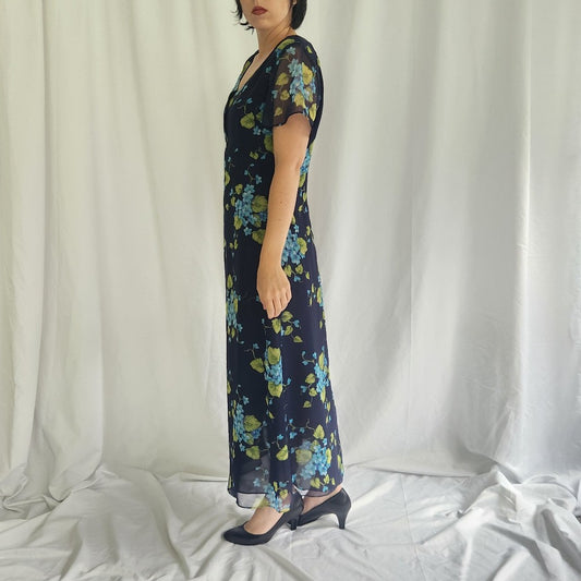 90s Blue and Green Floral Cottagecore Dress