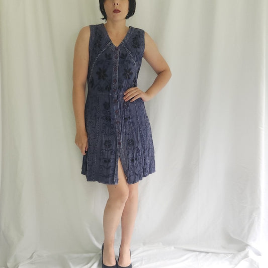 90s Blue Whimsigoth Rayon Sleeveless Sun Dress