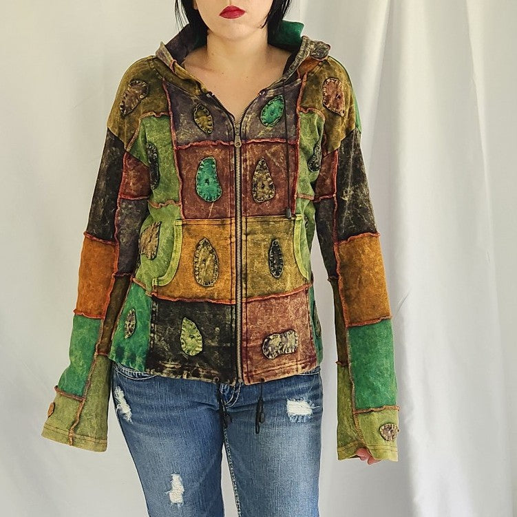 Y2K Brown and Green Zip Up Hoodie