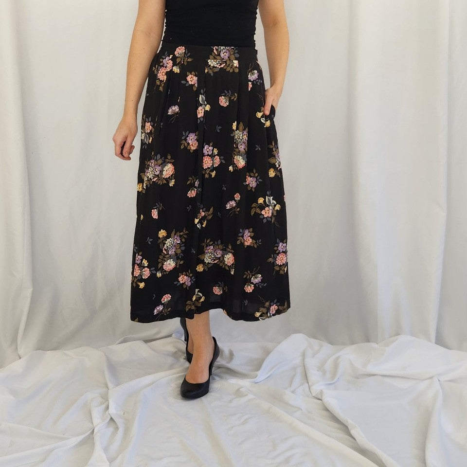 90s Black and Pink Floral Midi Skirt