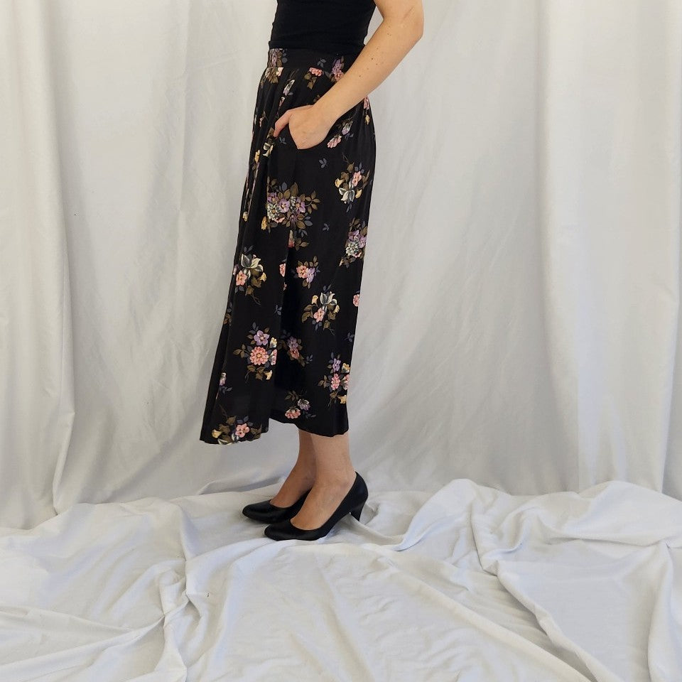 90s Black and Pink Floral Midi Skirt