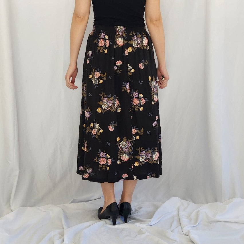 90s Black and Pink Floral Midi Skirt