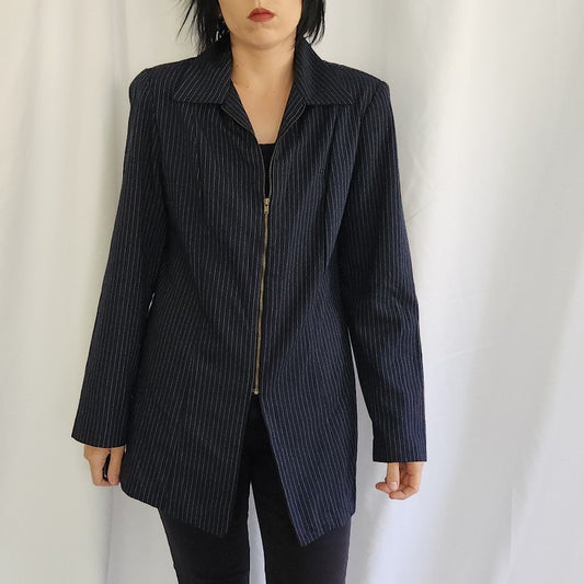 Y2K Navy Blue Pinstripe Zip Up Blazer