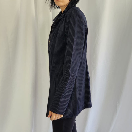 Y2K Navy Blue Pinstripe Zip Up Blazer