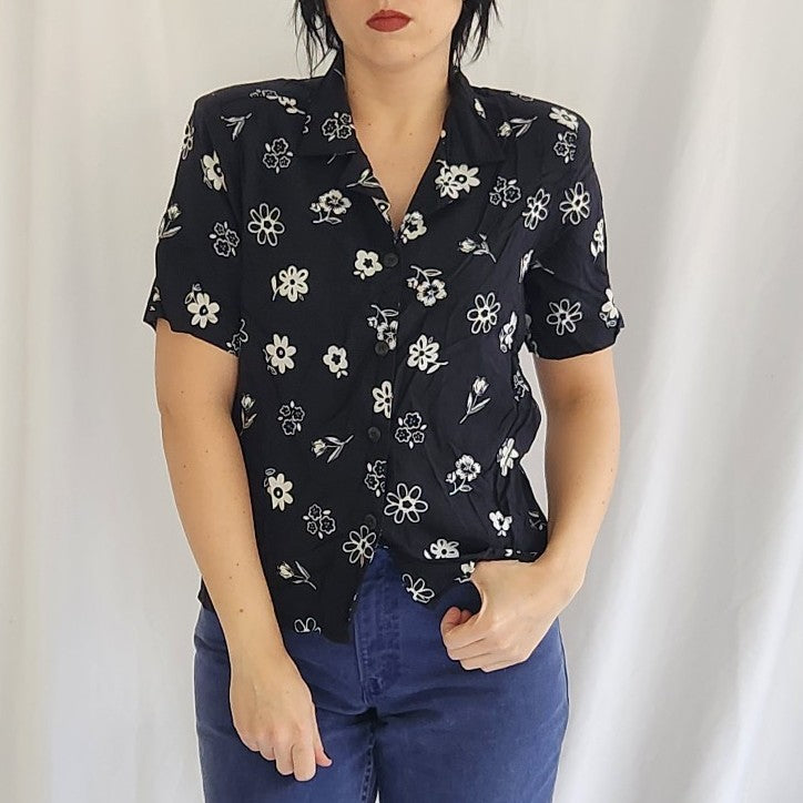 90s Black and White Flower Power Rayon Button Down