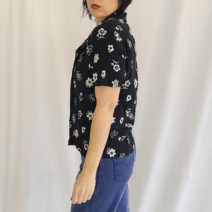 90s Black and White Flower Power Rayon Button Down