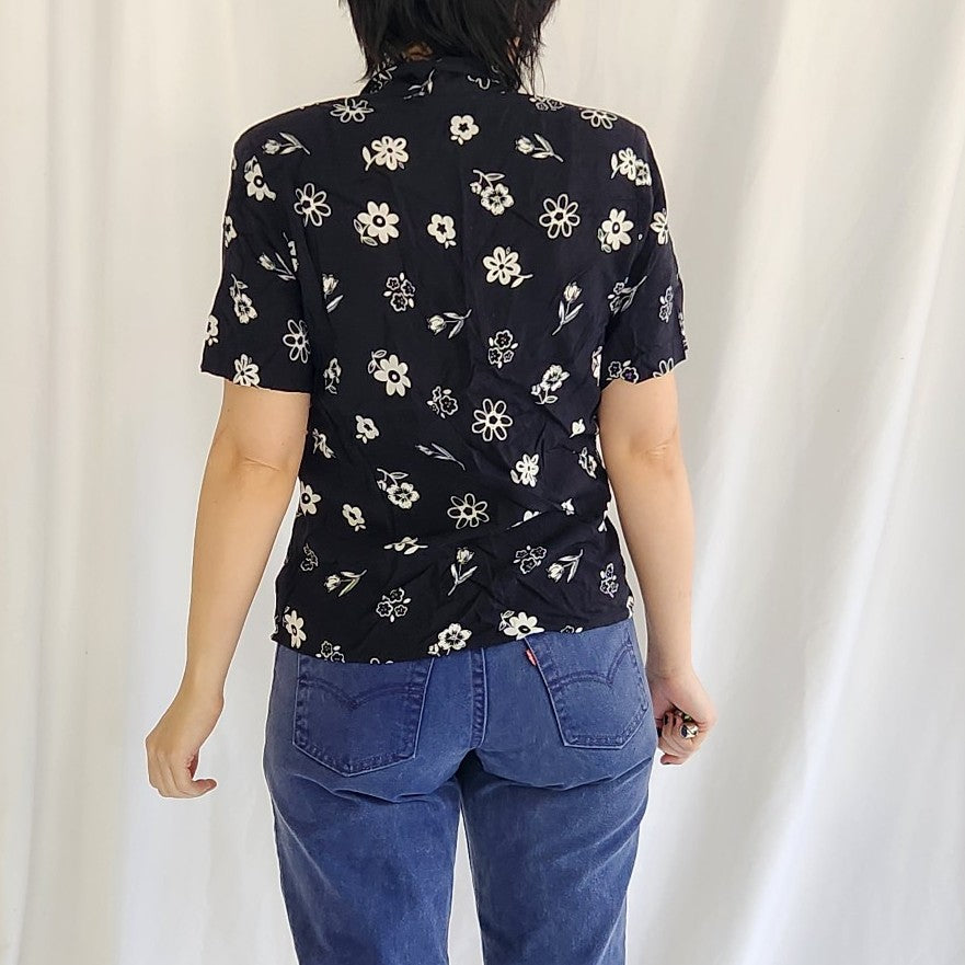 90s Black and White Flower Power Rayon Button Down
