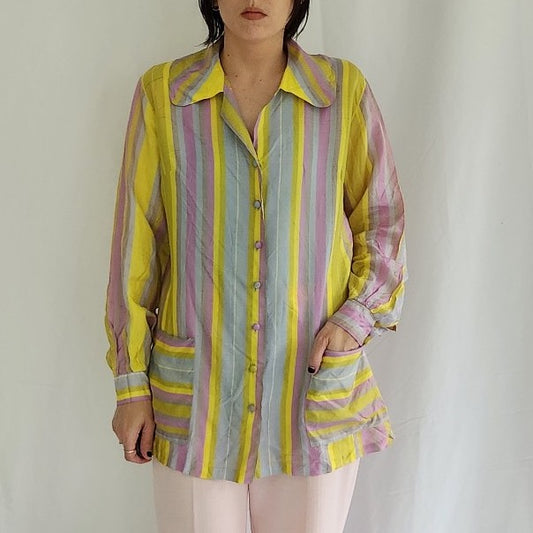 70s Purple, Green, and Yellow Striped Blouse