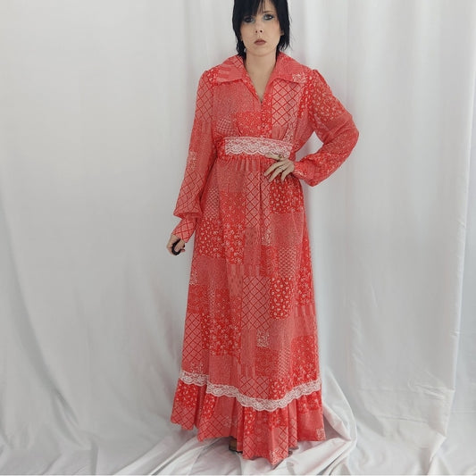 70s Handmade Red And White Prairie Dress