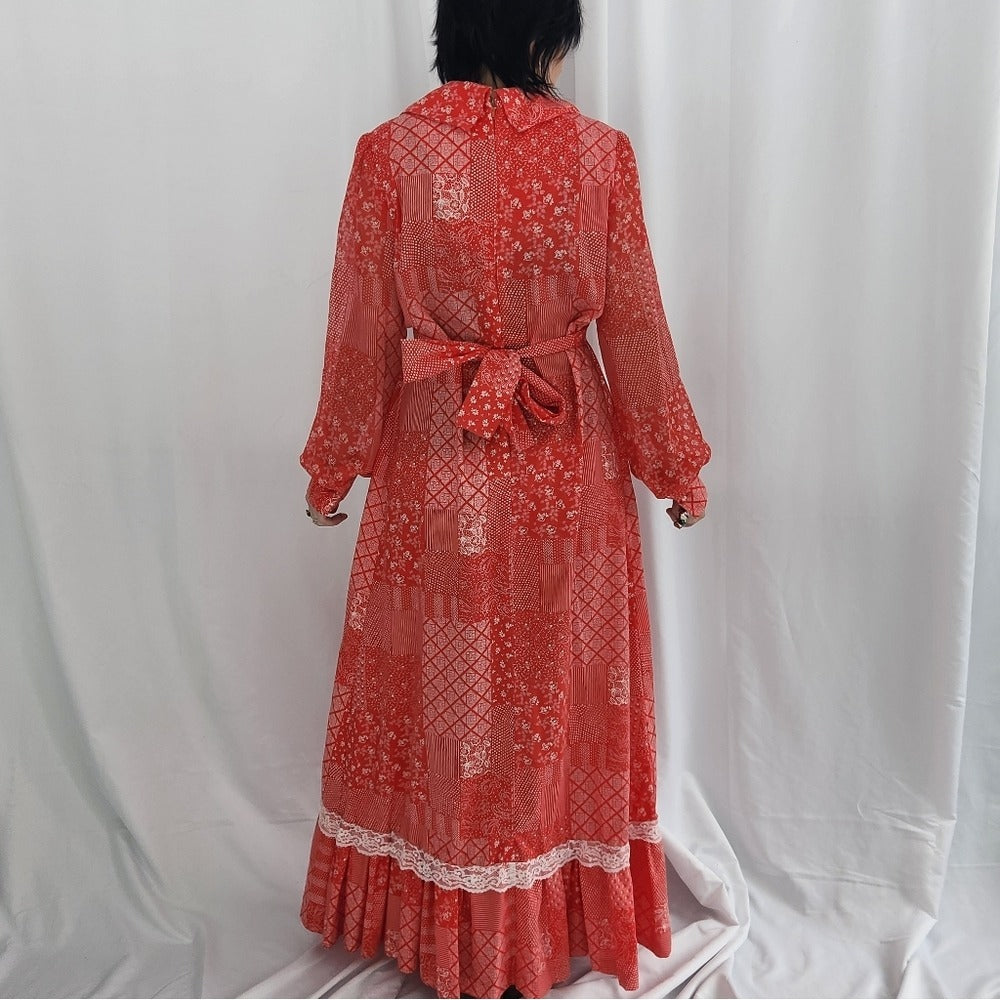 70s Handmade Red And White Prairie Dress