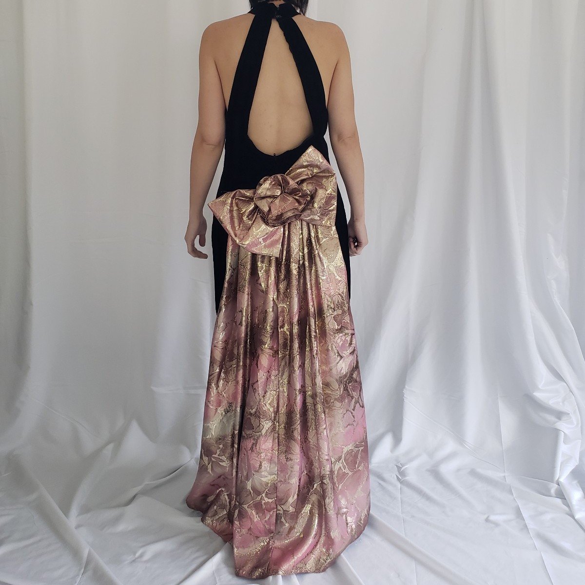 80s/90s Black Velvet Open Back Halter Dress